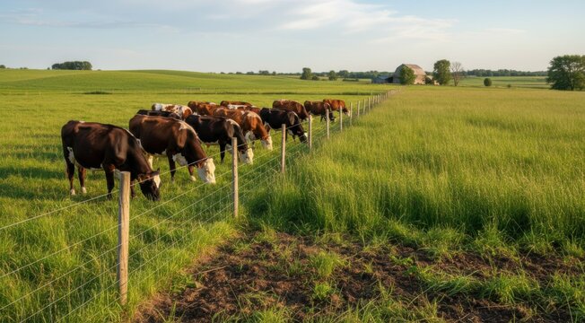Medium shot of livestock grazing in a rotational system showcasing controlled pasture movement to enhance soil health and reduce overgrazing.