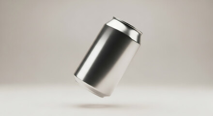 A sleek, blank aluminum beverage can floats with a slight tilt against a neutral background