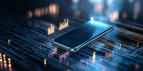Smartphone mock up with glowing screen displaying data analytics, surrounded by abstract digital circuit patterns and vibrant graphical elements, showcasing modern technology and innovation