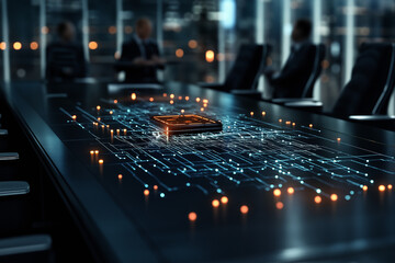 High-tech conference room featuring a sleek smartphone on a digital circuit board table, illuminated by glowing data connections, showcasing innovation and collaboration 