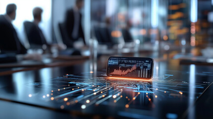 Smartphone mock up displaying financial data analytics on a futuristic conference table with blurred business professionals in the background, emphasizing technology and innovation in business