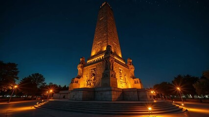 Dramatic Washington Crossing Monument illuminated against the night sky, a powerful tribute perfect for historical documentaries and travel videos