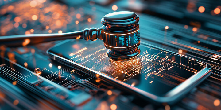 Digital gavel rests on smartphone displaying intricate circuit patterns, symbolizing the intersection of technology and law in modern society, highlighting legal innovation and digital justice