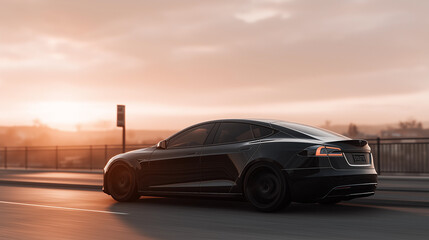 Obraz premium Sleek black electric sedan parked on a scenic road at sunset, showcasing modern design and technology, with warm light illuminating the vehicle's contours and surroundings