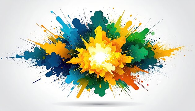 A vibrant, multicolored explosion of paint splatters, radiating outwards from a bright central point against a light grey background, creating a dynamic and energetic composition