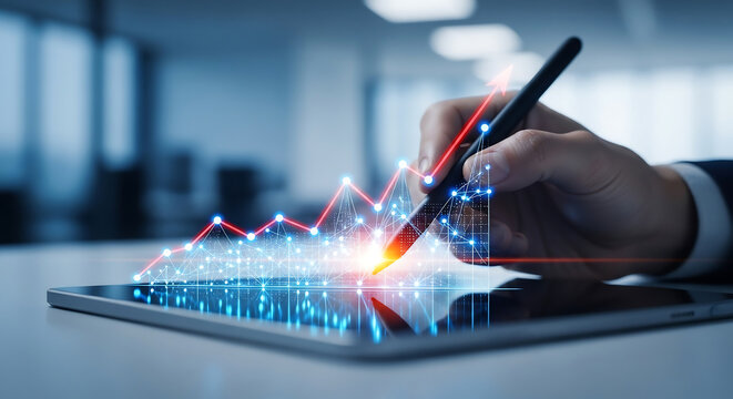 A hand uses a digital stylus on a tablet showing a glowing, red line graph with an upward trend