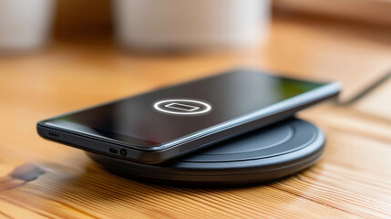 Smartphone placed on a wireless charging pad, showcasing modern technology and convenience, with a wooden surface creating a warm and inviting atmosphere