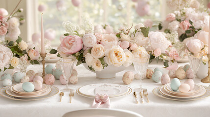 Elegant table setting adorned with pastel flowers and decorative eggs, showcasing a beautiful spring ambiance perfect for festive celebrations and gatherings with loved ones