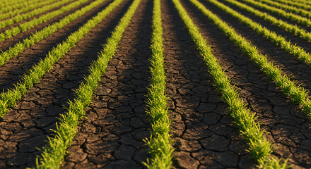 Vibrant green crops sprout in parallel rows from dry, cracked earth, bathed in warm light