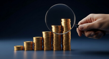 A hand magnifies increasing stacks of golden coins, symbolizing financial growth and careful investment analysis