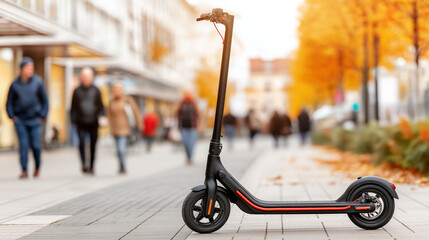Electric scooter parked on a city sidewalk surrounded by autumn foliage, with blurred pedestrians walking in the background, showcasing urban mobility and modern transportation