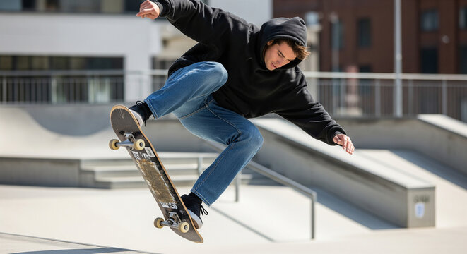 Skateboarder performing a trick at a skatepark on a sunny day. - Powered by Adobe