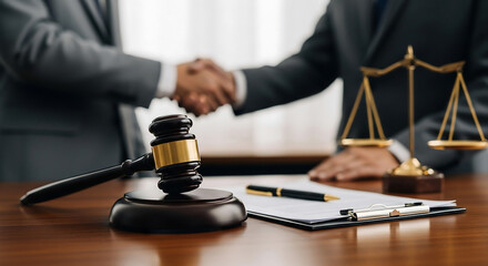 A gavel, scales of justice, and legal documents on a desk