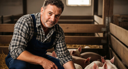 Farmer tending to pigs in a barn