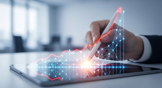 A hand uses a stylus on a digital tablet, drawing a rising financial chart with glowing lines and arrow