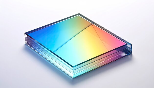 A vibrant, prismatic rectangular object with layered, translucent panels displaying a spectrum of iridescent colors, set against a stark white background