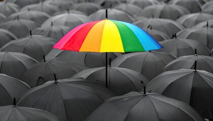 A vibrant rainbow umbrella stands out amongst a sea of monochrome umbrellas, symbolizing individuality and standing out from the crowd (1)