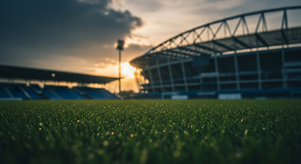 Vibrant green stadium grass, glistening with dew, at sunrise or sunset