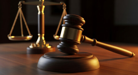 Scales of justice and gavel on a wooden table represent law and order in a courtroom setting