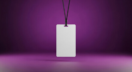 Blank white ID card mockup on a black lanyard, presented against a vibrant purple background
