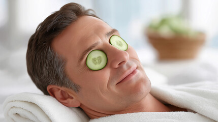 Relaxed man with cucumber slices on eyes enjoys spa treatment, wrapped in a towel, surrounded by serene atmosphere, promoting self-care and wellness routine