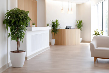 Modern reception area featuring a sleek white desk, wooden accents, lush greenery, and natural light creating a welcoming atmosphere for visitors and clients in a contemporary space