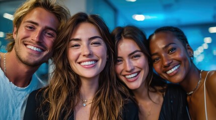 Fototapeta premium Four friends smiling together indoors with modern bright background