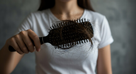 Close-up of a woman holding a hairbrush full of fallen hair. This image depicts hair loss, a common issue