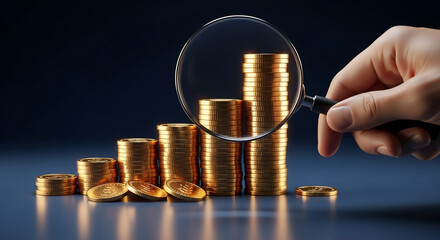 A hand uses a magnifying glass to examine stacks of golden coins, symbolizing financial growth and investment analysis