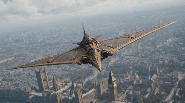 Futuristic aircraft flying over london city with iconic landmarks in sight
