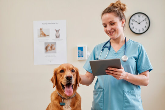 Caucasian young adult woman veterinarian examining golden retriever dog using digital tablet, smiling while standing in veterinary clinic with medical poster and clock on wall