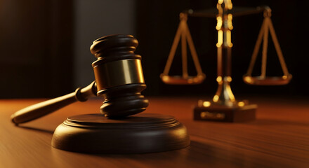 A classic wooden gavel rests on a polished desk, with golden scales of justice blurred in the background