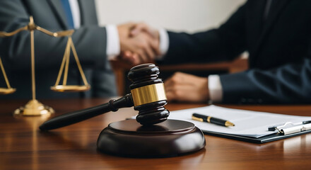 Lawyers shaking hands after agreement or settlement. Gavel, scales of justice, and legal documents on wooden table represent contract or justice