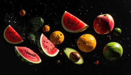 A vibrant studio shot showcases various fruit slices?watermelon, avocados, and citrus fruits?suspended in mid-air against a stark black backdrop, creating a dynamic, gravity-defying composition