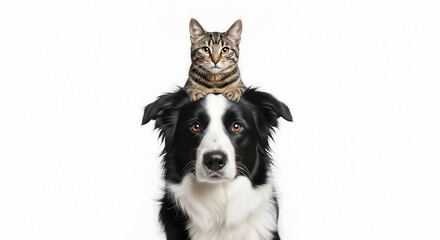 A tabby cat sits calmly on a Border Collie's head, both looking at the camera