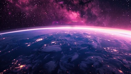 Fototapeta premium A vibrant, stylized depiction of Earth from space, showcasing city lights and a dramatic, pink-hued nebula in the backdrop. The curve of the planet is prominently displayed