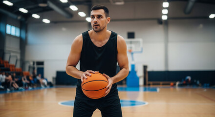Basketball player preparing to shoot the ball in a professional arena.