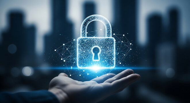 Digital padlock on a hand represents cybersecurity and data protection. Secure internet concept shows protection, network safety, and technology