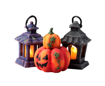 Halloween lanterns and jack-o'-lantern pumpkin on transparent background