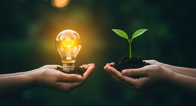 Hands hold a lightbulb and a seedling, representing the transition to green energy