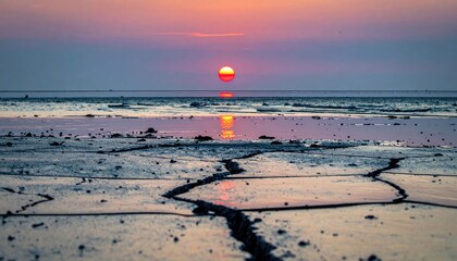 A vibrant sunset casts a red glow on a cracked, reflective, tidal flat, mirroring the sun's descent. The serene scene showcases the interplay of water, land, and sky