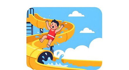 Obraz premium Excited Child Sliding Down Water Slide at a Sunny Water Park