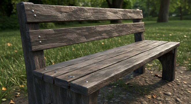Weathered wooden bench in a park setting with sunlight and copy space - Powered by Adobe