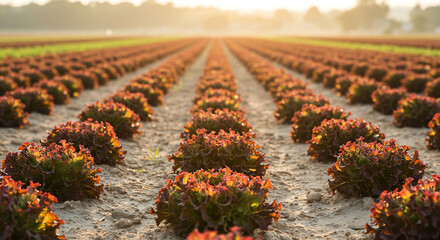 Rows of red leaf lettuce thrive in a sun-drenched field