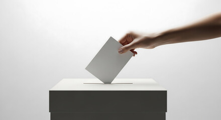 Hand dropping a blank ballot into a ballot box. A concept image for voting, elections, democracy, and political participation