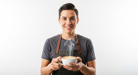 Smiling barista holding a cup of coffee with latte art, ready to serve.