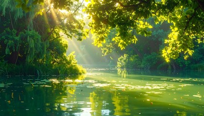 Sunlight streams through lush forest canopy over tranquil lake