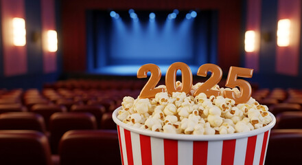 A bucket of popcorn with '2025' on top in a theater. It evokes anticipation for upcoming movies and entertainment experiences in the year 2025