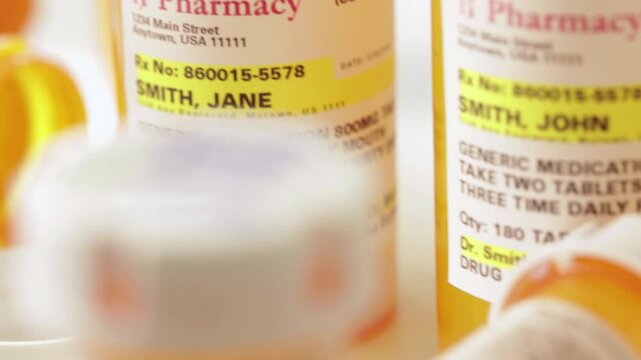 Slow Dolly Camera Movement Generic Medication Prescription Medicine Bottle and Pills Resting on a Bathroom Countertop. The label is non-proprietary, fictional, made specifically for stock industry.