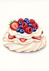 Pavlova dessert topped with strawberries and blueberries on white background  